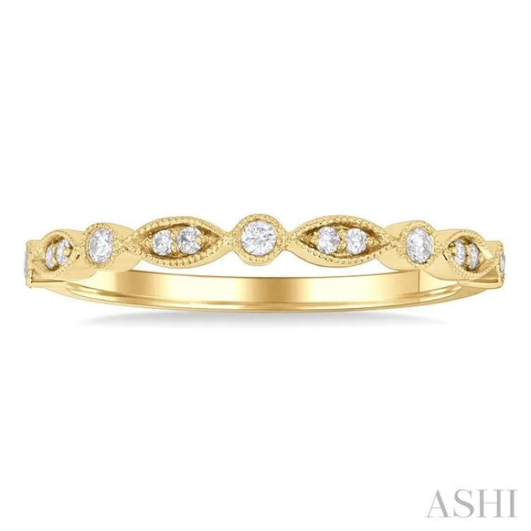 1/10 ctw Marquise and Circular Motif Carved Round Cut Diamond Stackable Wedding Band in 14K Yellow Gold