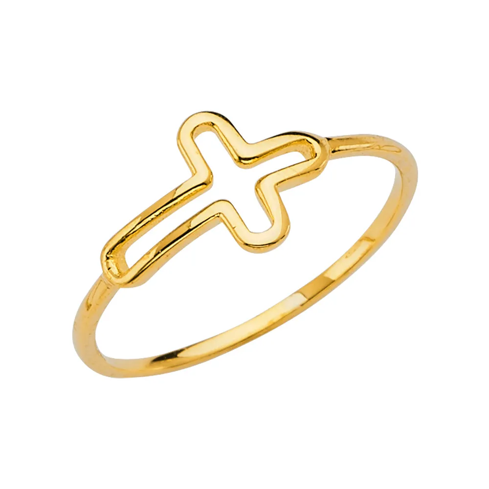 14K Solid Gold Simple & Plain Open Cross Stackable Band Ring