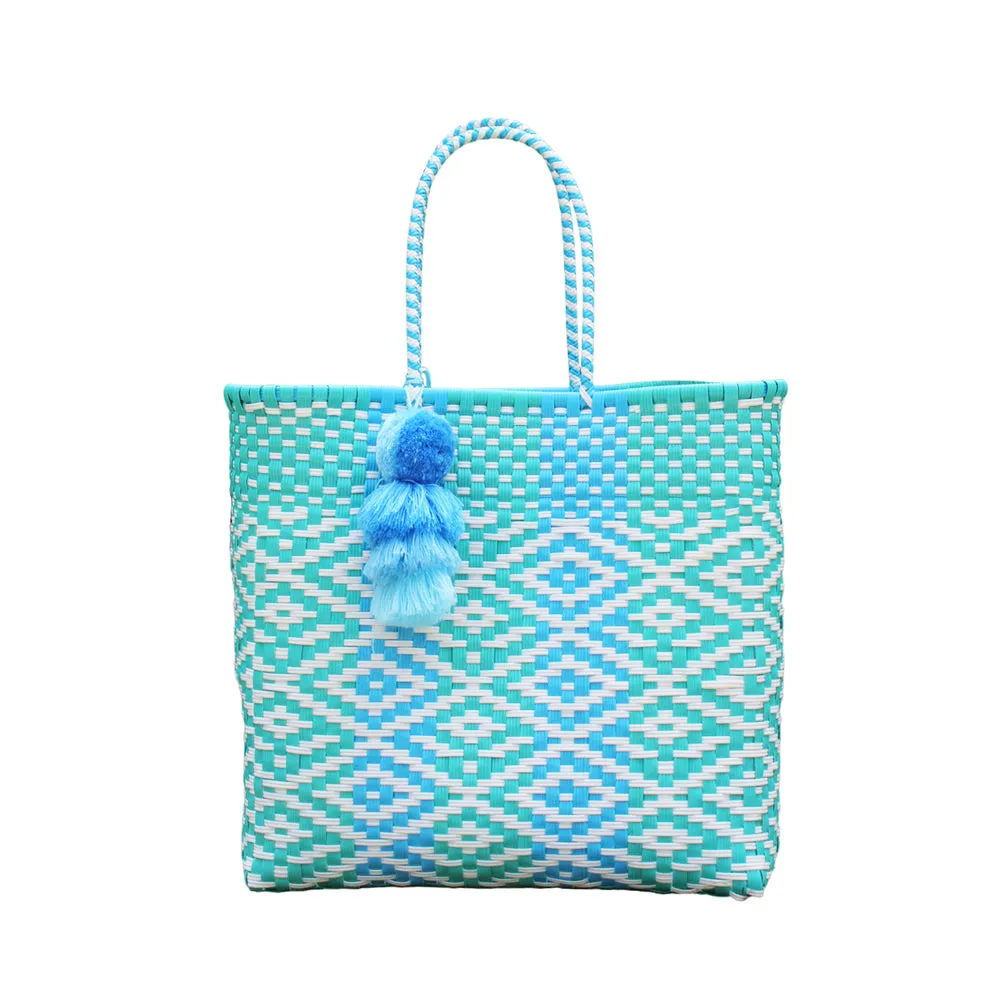 Aqua Blue Flower Citron MEDIUM Tote