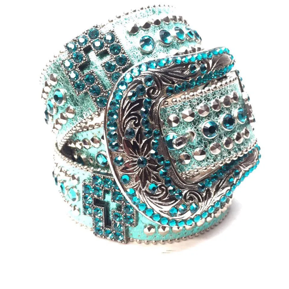 b.b. Simon Metallic Teal Cross Crystal Belt