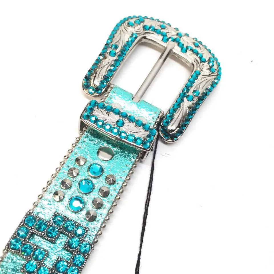 b.b. Simon Metallic Teal Cross Crystal Belt