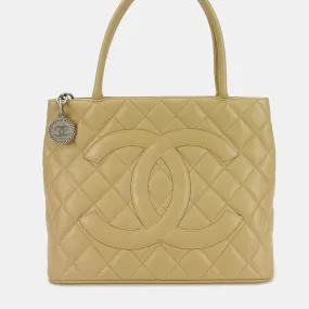 Beige Caviar Leather Medallion Tote