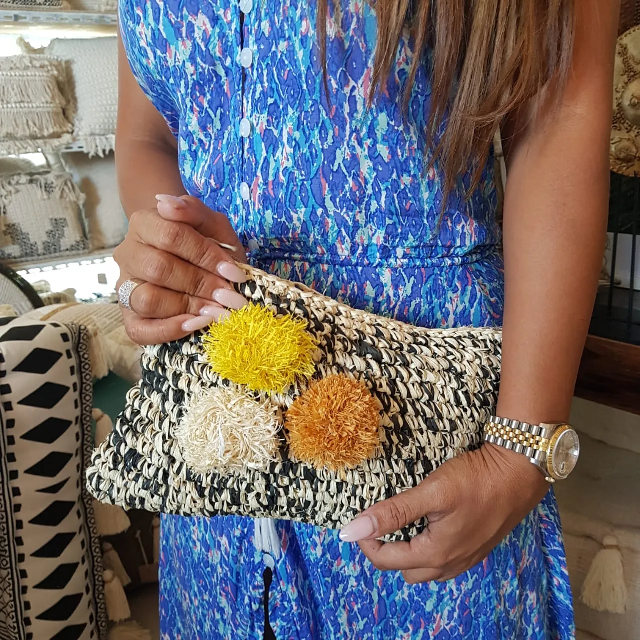 Black & White Woven Straw Grass Clutch With Pom Poms