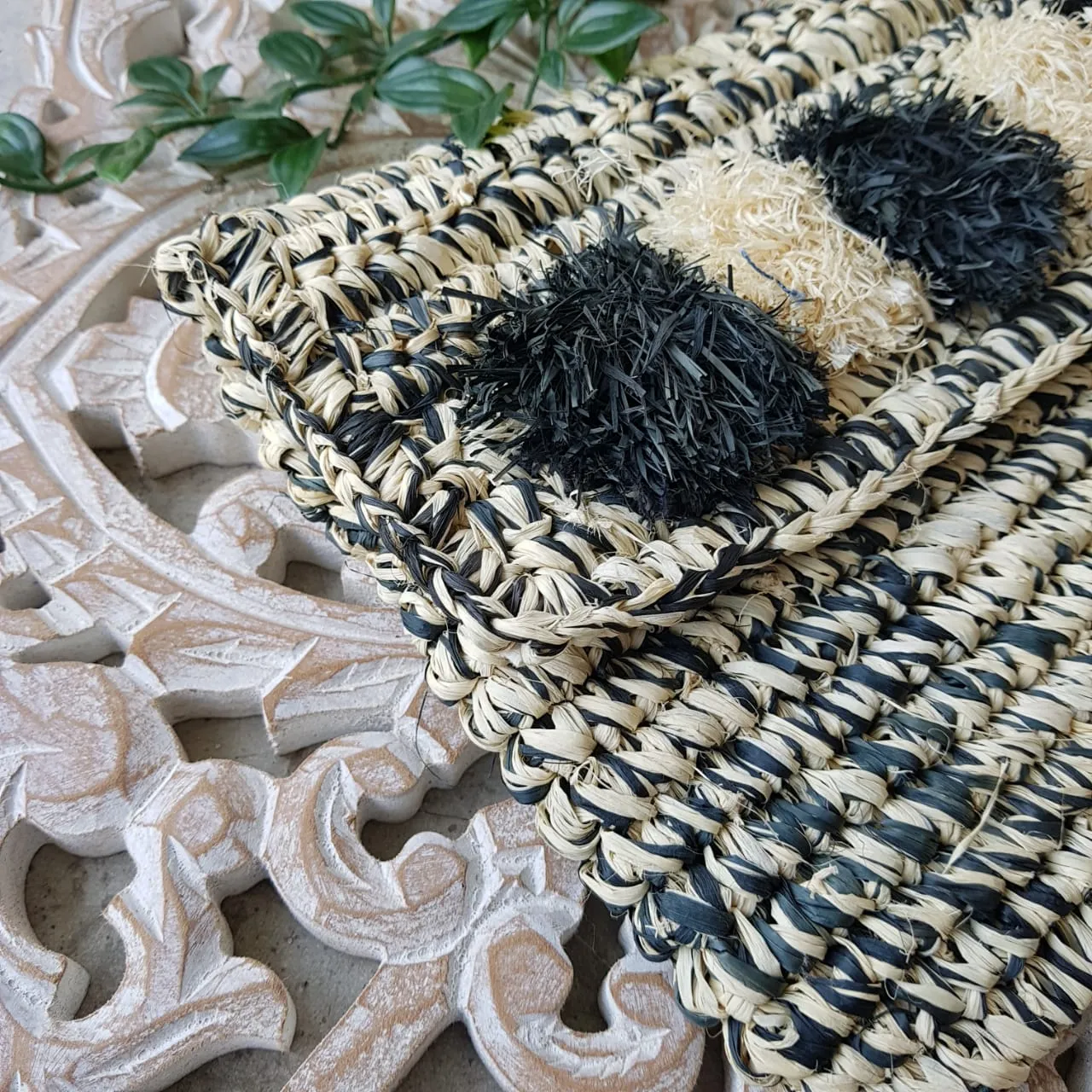 Black & White Woven Straw Grass Fold Clutch With Pom Poms