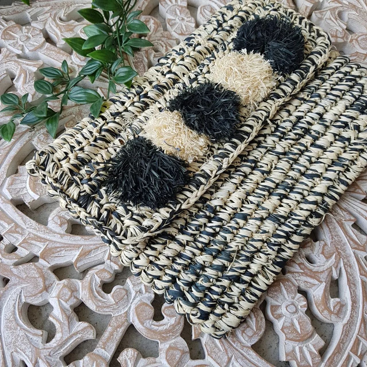 Black & White Woven Straw Grass Fold Clutch With Pom Poms