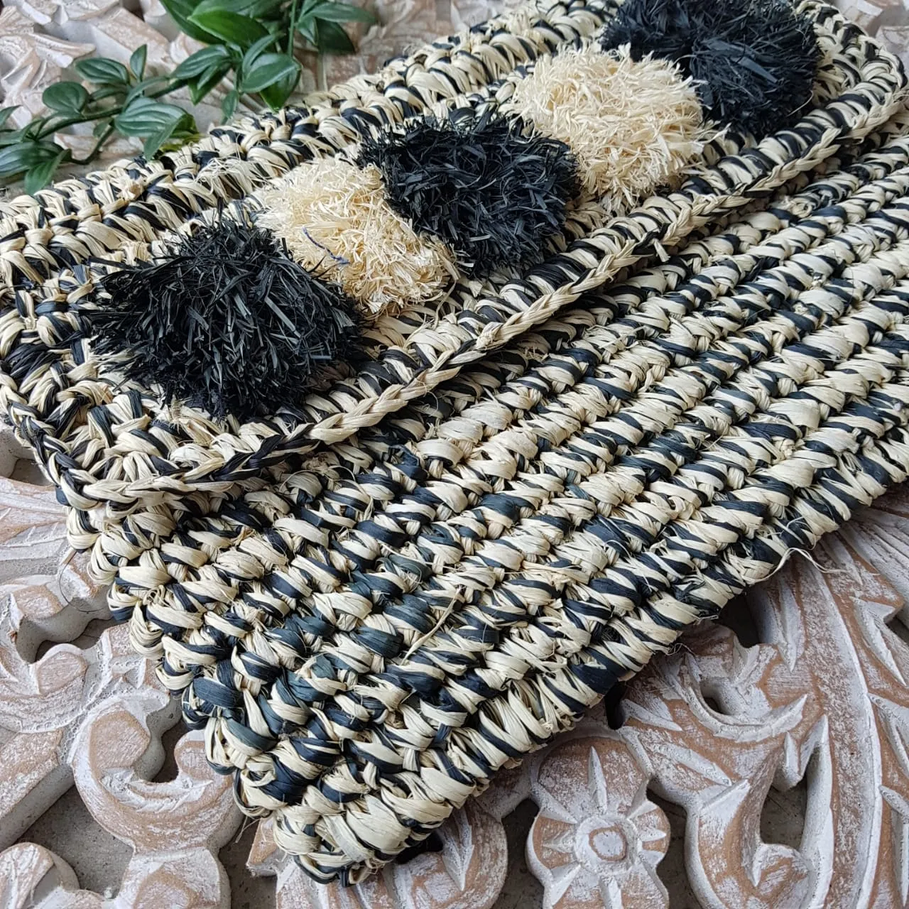 Black & White Woven Straw Grass Fold Clutch With Pom Poms