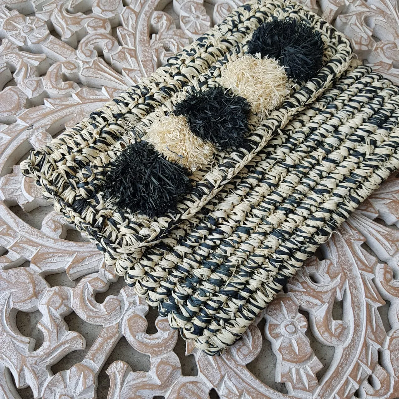 Black & White Woven Straw Grass Fold Clutch With Pom Poms