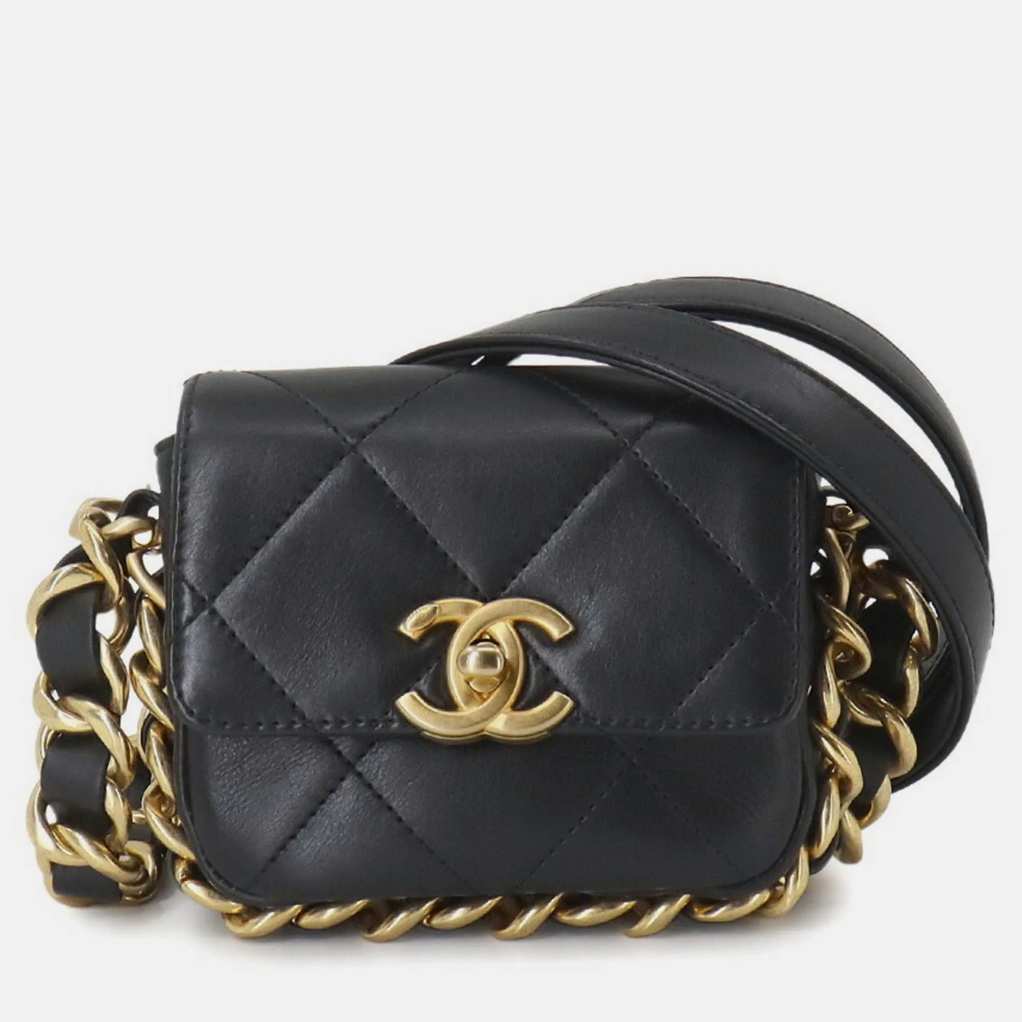 Black Leather Matelasse Mini Chain Shoulder Bag