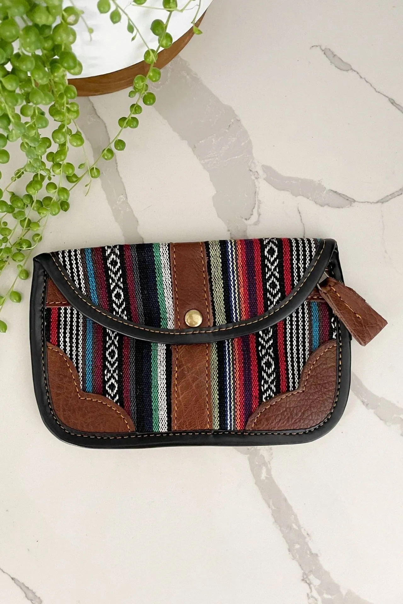 Buffalo Leather   Woven Cotton Clutch Wallet