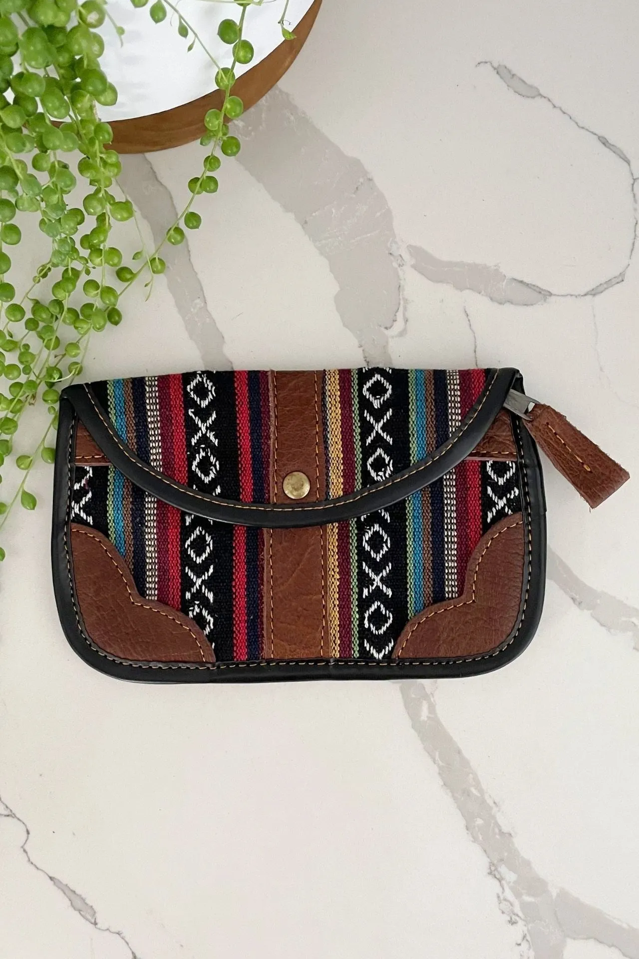 Buffalo Leather   Woven Cotton Clutch Wallet