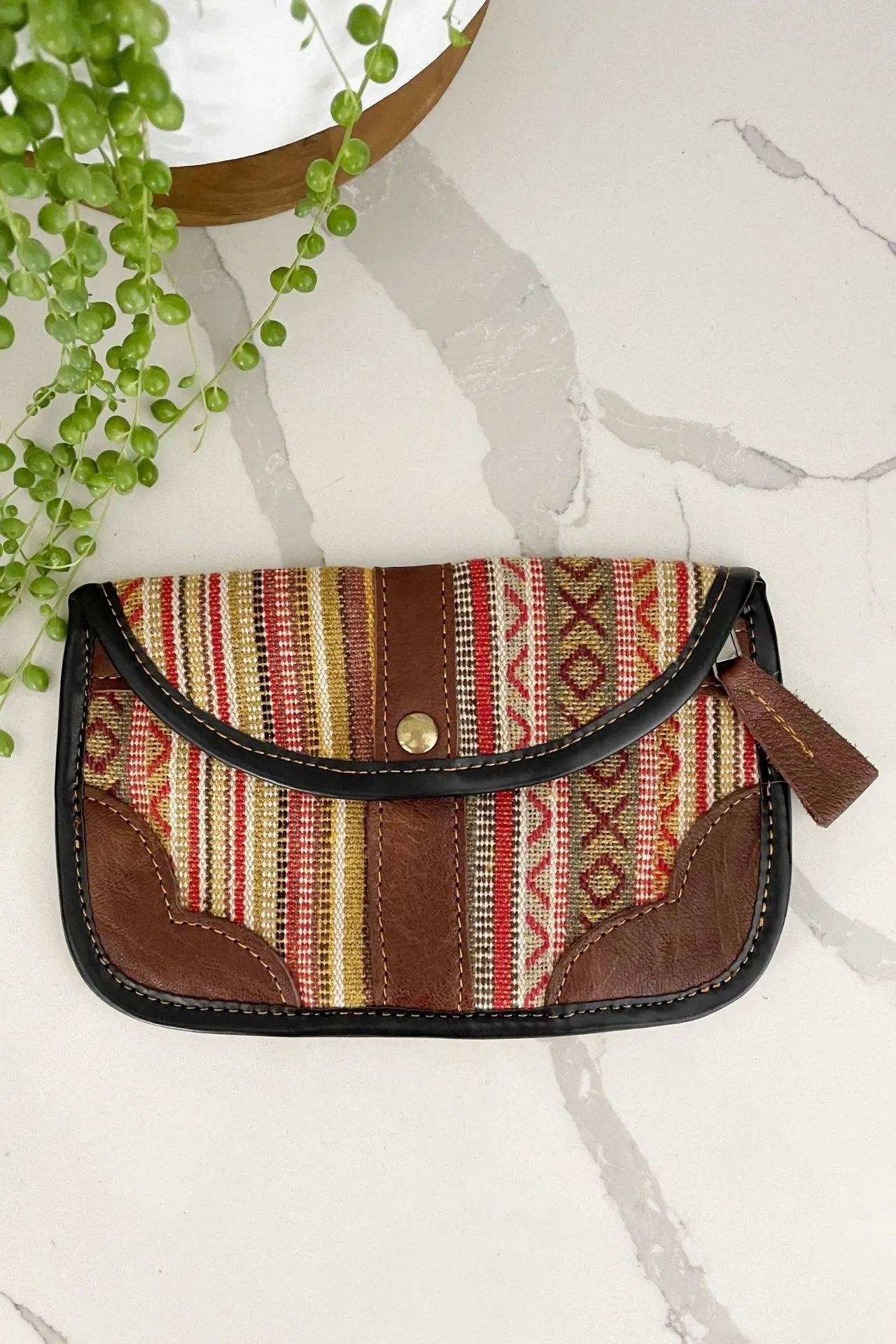 Buffalo Leather   Woven Cotton Clutch Wallet