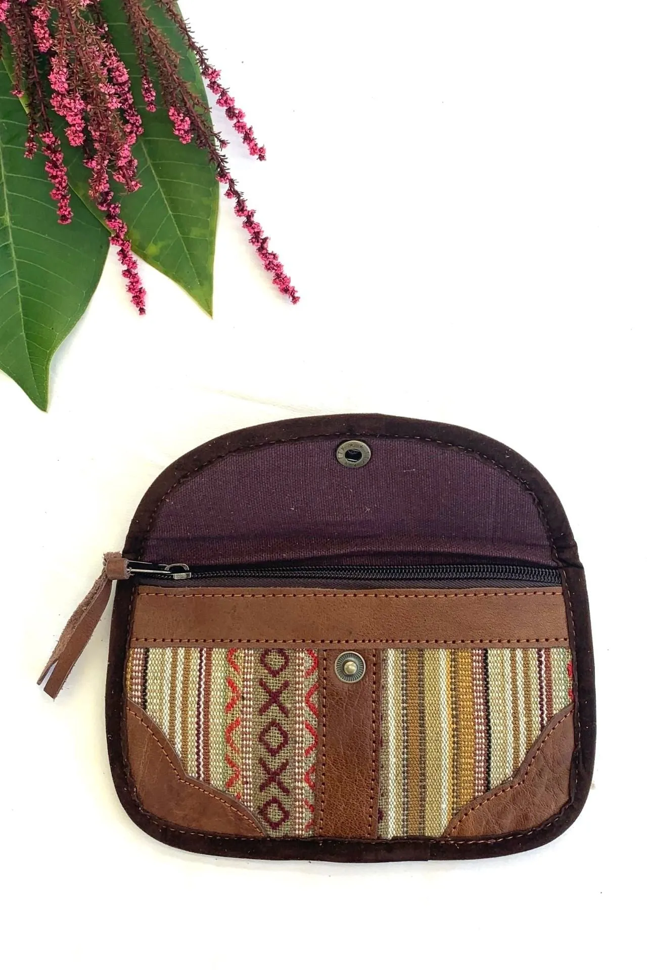 Buffalo Leather   Woven Cotton Clutch Wallet