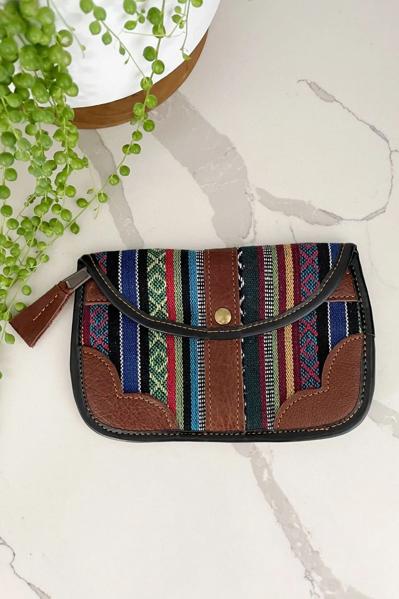 Buffalo Leather   Woven Cotton Clutch Wallet