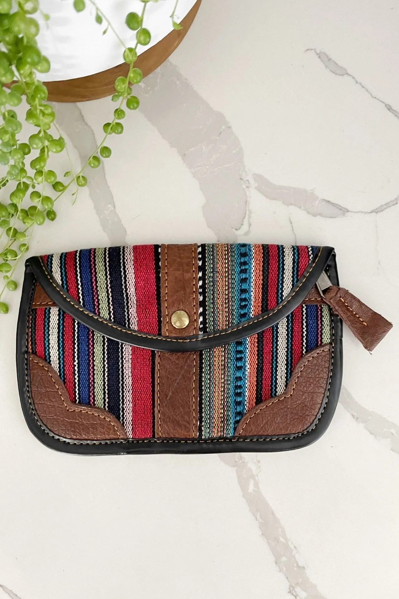 Buffalo Leather   Woven Cotton Clutch Wallet