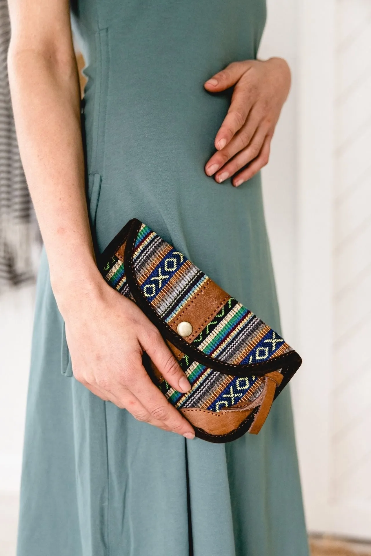 Buffalo Leather   Woven Cotton Clutch Wallet