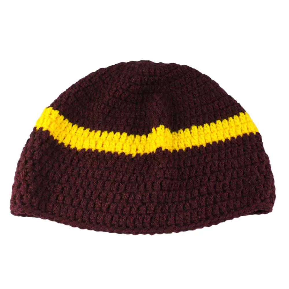 Burgundy with Yellow Stripe Crochet Beanie Hat Medium/Large - STXH26ML