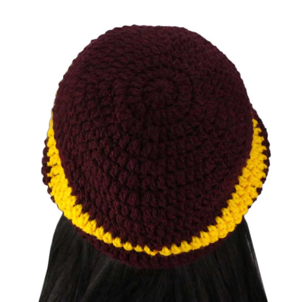 Burgundy with Yellow Stripe Crochet Beanie Hat Medium/Large - STXH26ML