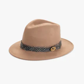 Camel Fedora with Guinea Fowl Wrap