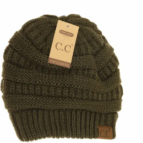 C.C Slouchy Fuzzy Lined Cable Knit Beanie - New Olive