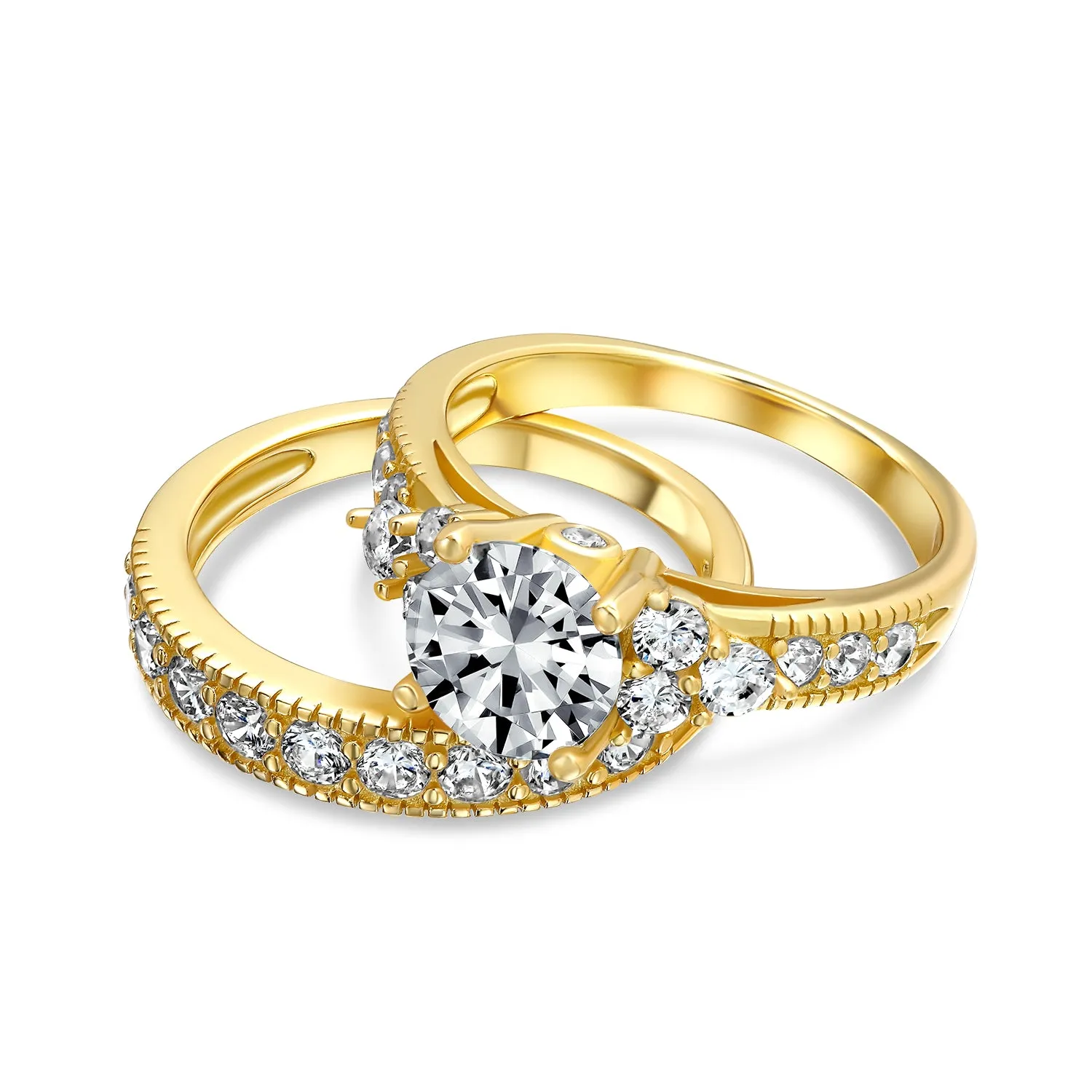 Cocktail Statement Ring: 3CT Round Solitaire with CZ Pave Wedding Band in 14K Gold