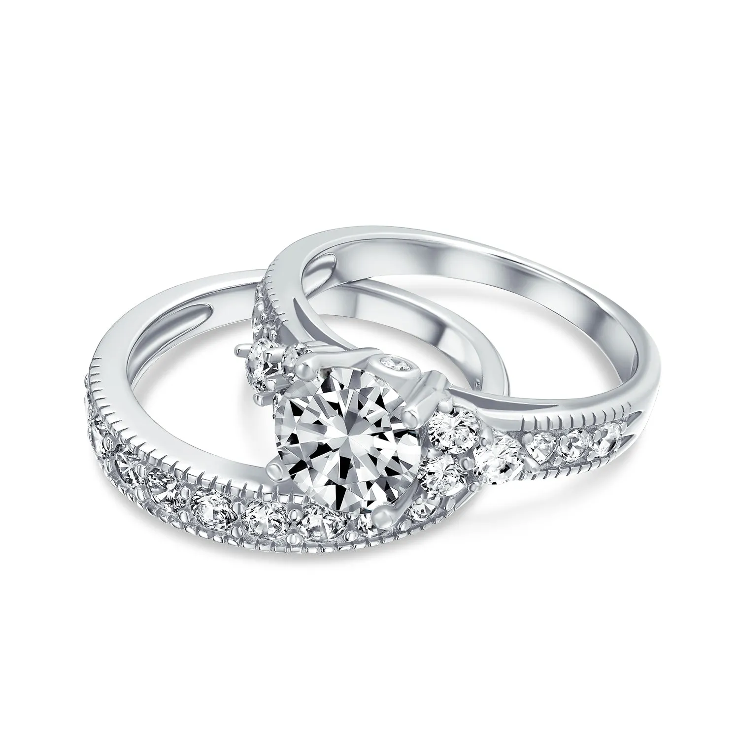 Cocktail Statement Ring: 3CT Round Solitaire with CZ Pave Wedding Band in 14K Gold