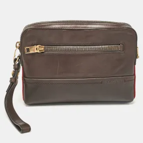 Dark Brown Leather Stripe Wristlet Pouch