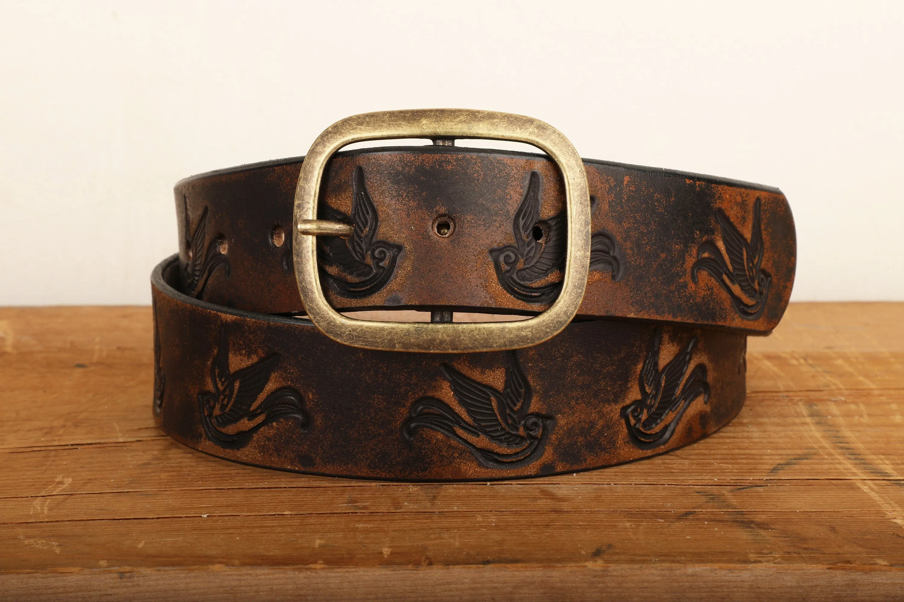 Embossed Sparrow Swallow Bird Vintage Aged Leather Belt in Black and Brown