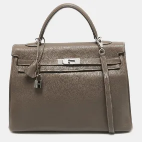 Etain Taurillion Clemence Leather Palladium Finish Kelly Retourne 35 Bag