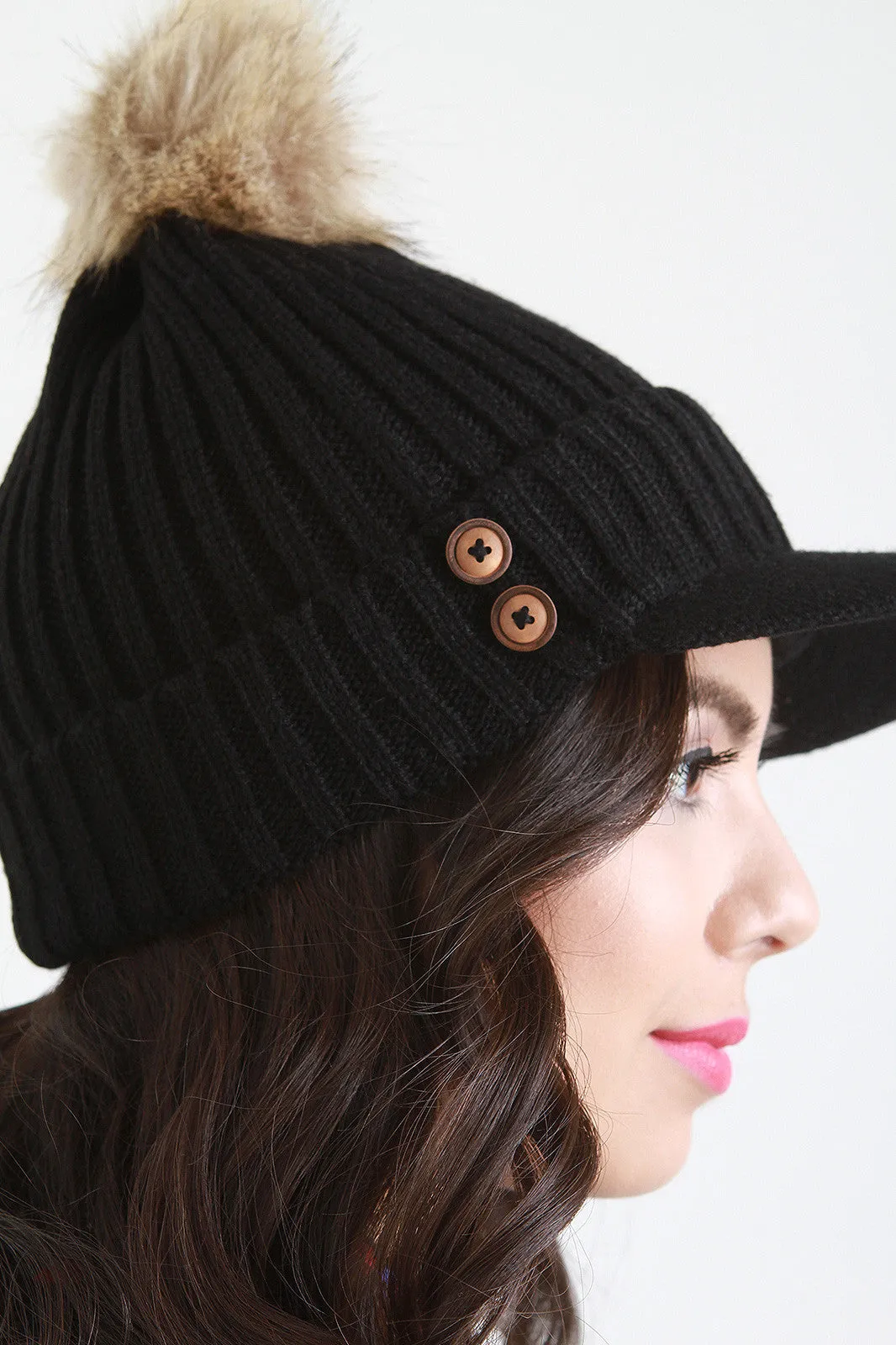 Fur Pom Pom Button Beanie