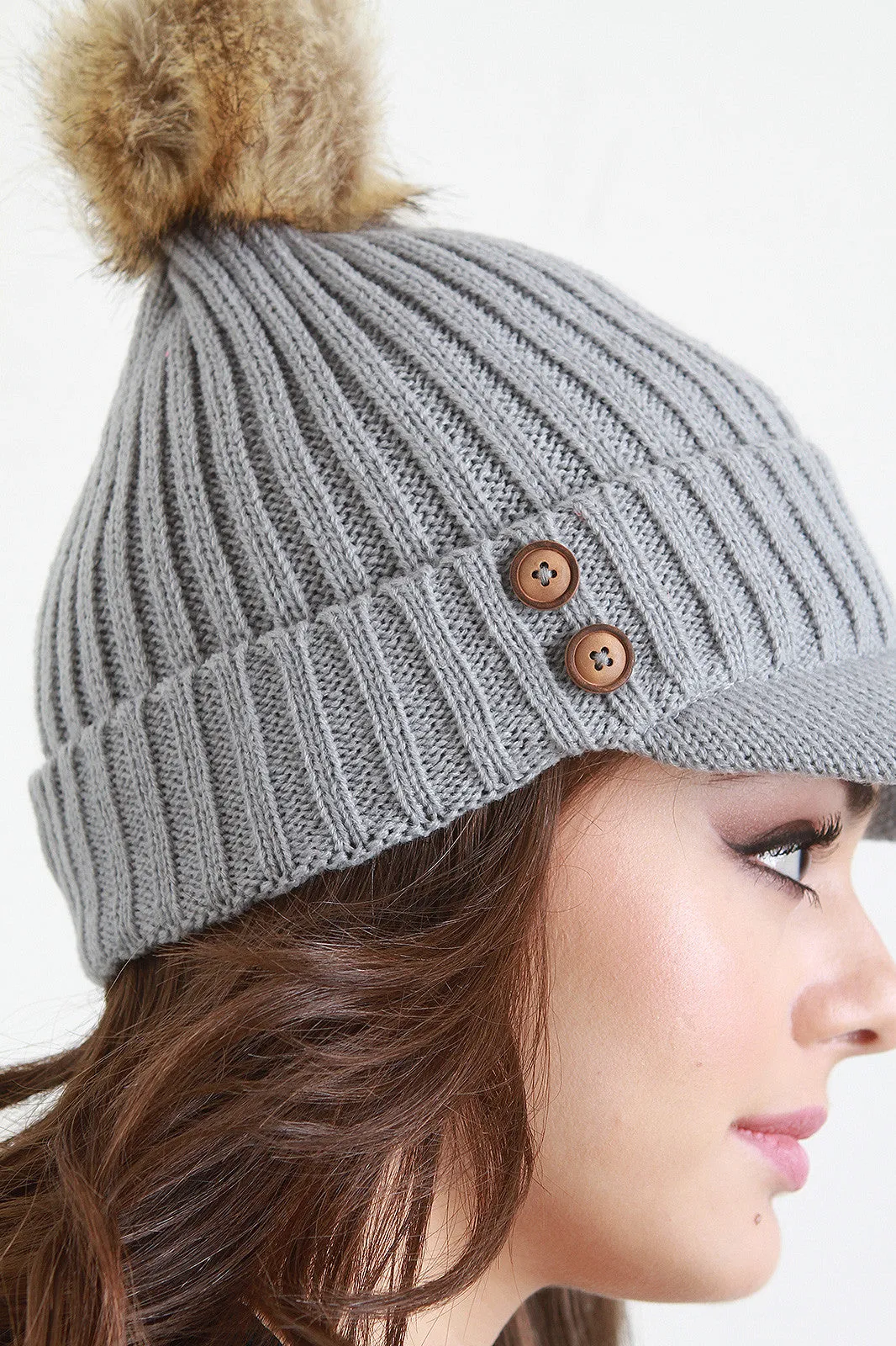 Fur Pom Pom Button Beanie