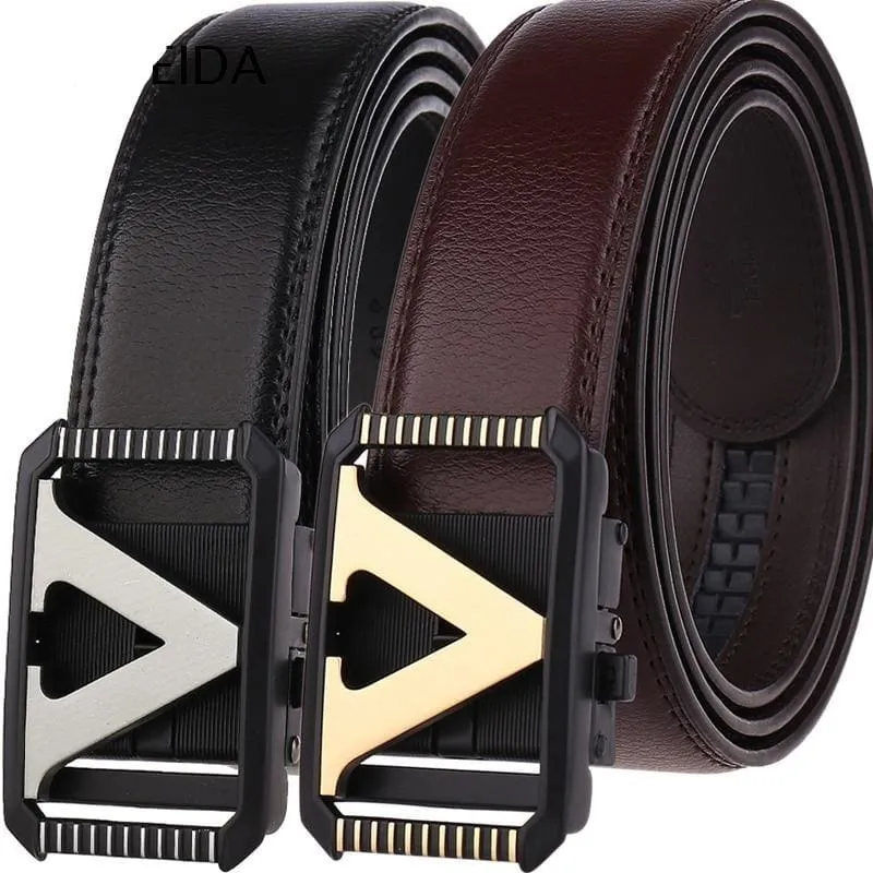 Genuine Leather Luxury Letter V Buckle Belt