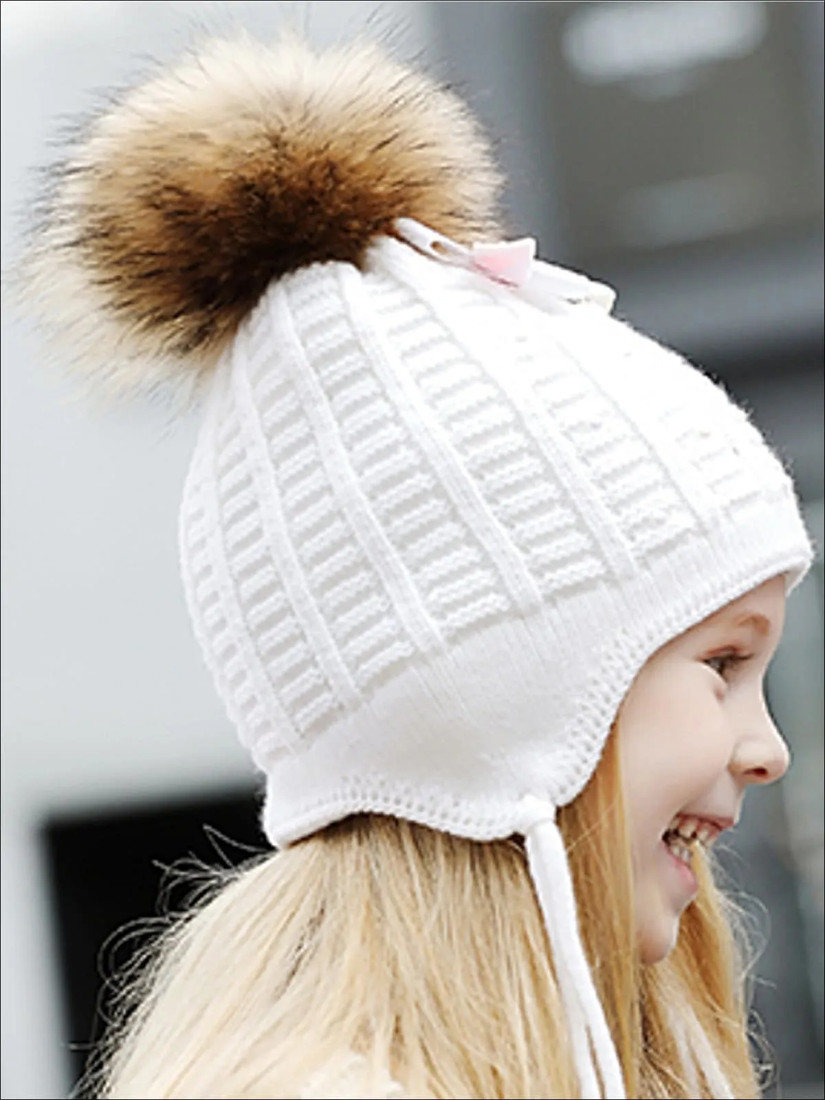 Girls Casual Fall Cable Knit Pom Pom Beanie