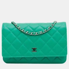 Green Lambskin Leather Classic Wallet on Chain