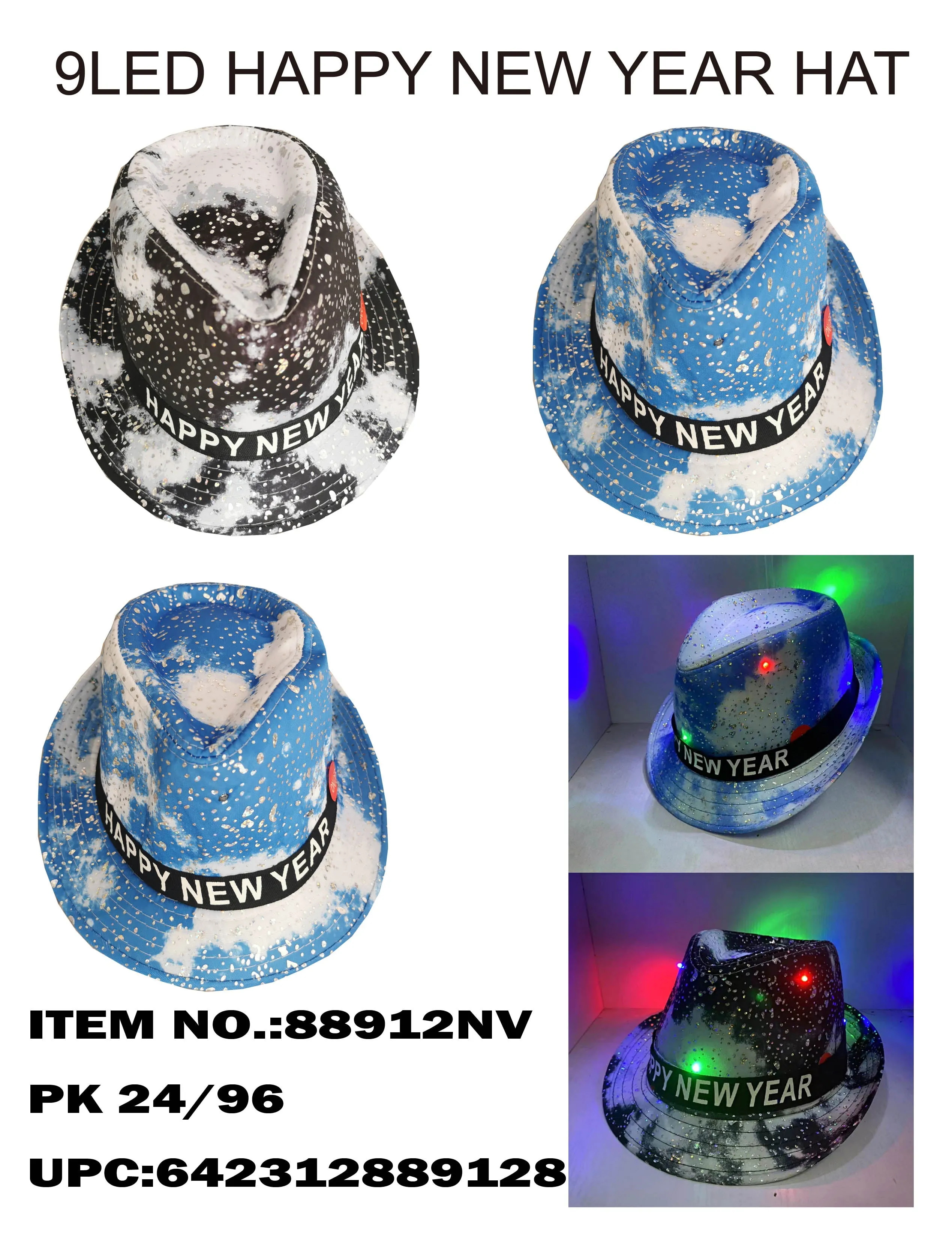 HNY FLASHING LIGHT UP FEDORA HATS