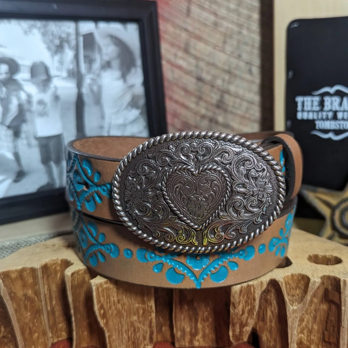 Kids' Turquoise Tooled Leather Belt "Hope" by Justin   C30220