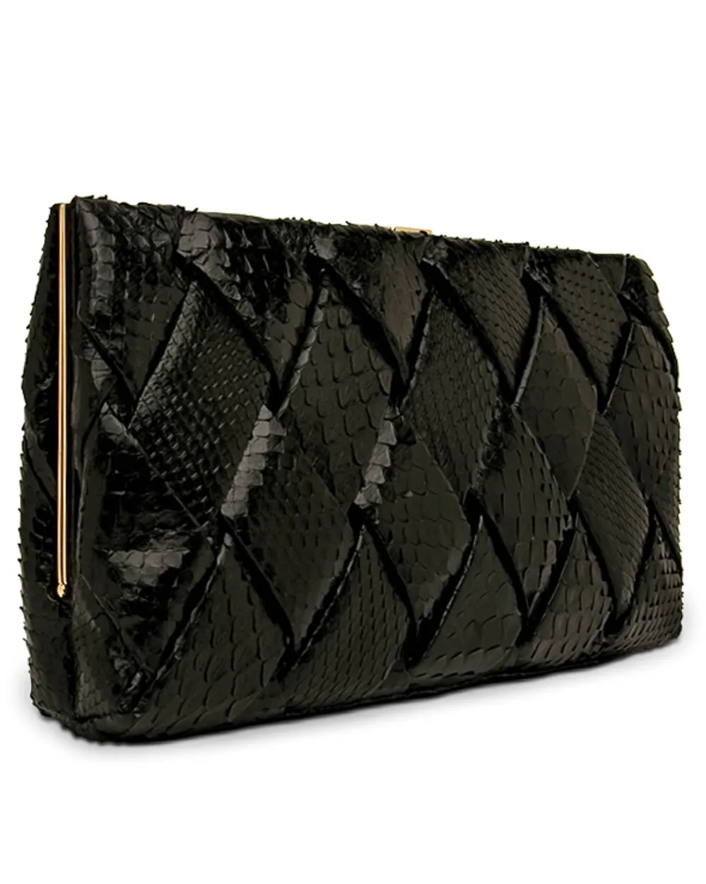 Large Black Woven Python Frame Clutch