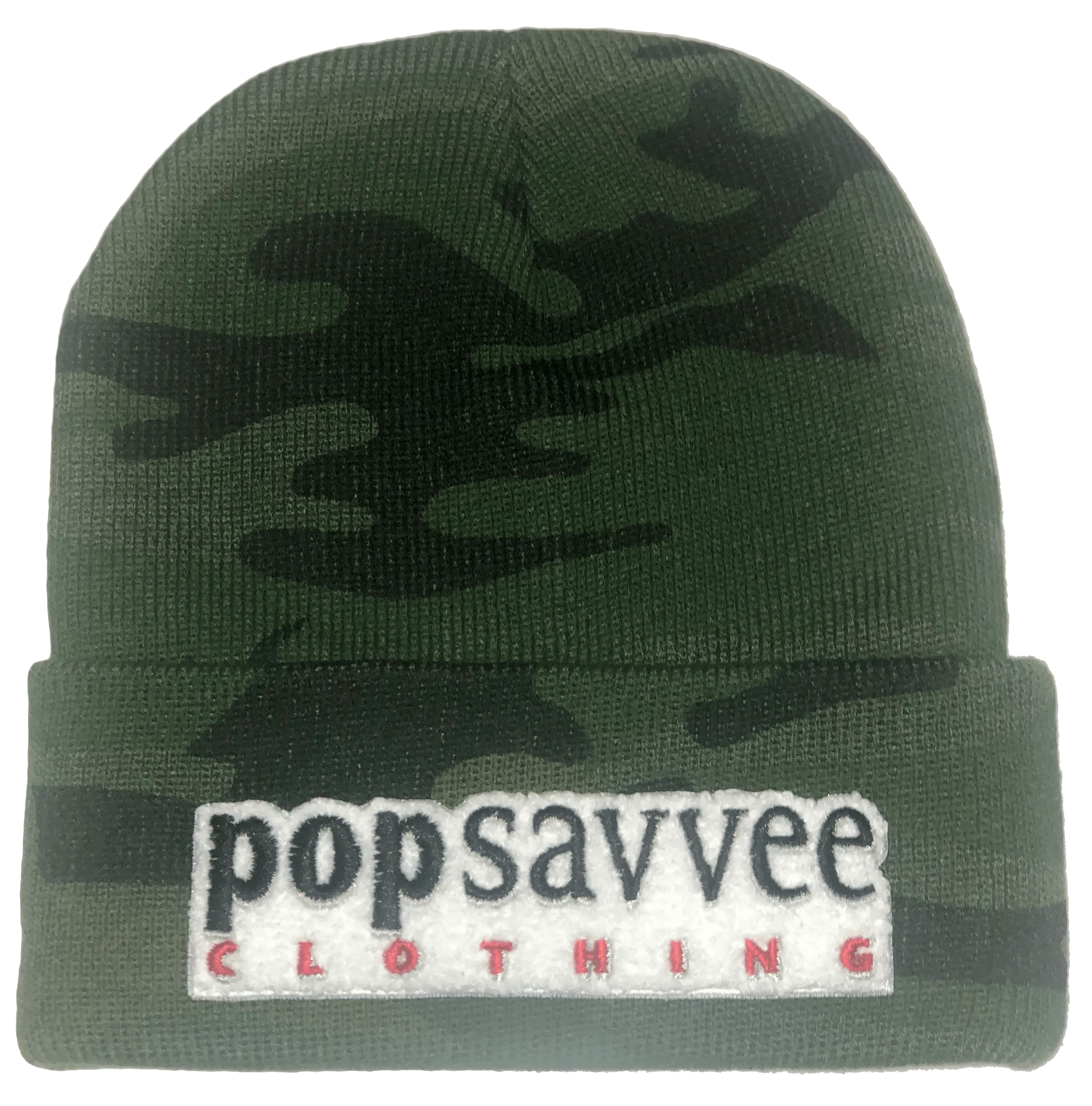 Military Camo Beanie Hat - “Pop Savvee Clothing” Chenille Embroidery Patches