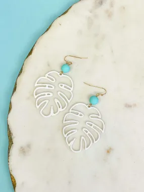 Monstera Color-Coated Outline Dangle Earrings - White