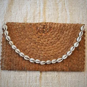 Natural Woven Pandan Leaf Fold Clutch With Shells