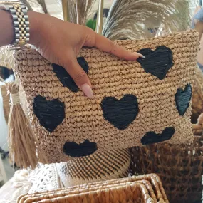 Natural Woven Straw Grass Clutch With Black Hearts