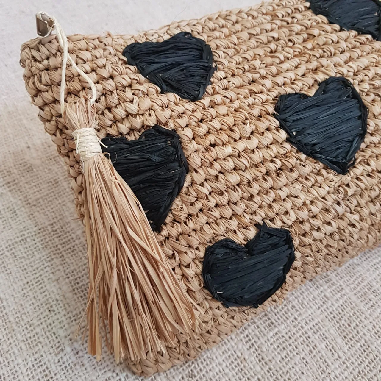 Natural Woven Straw Grass Clutch With Black Hearts