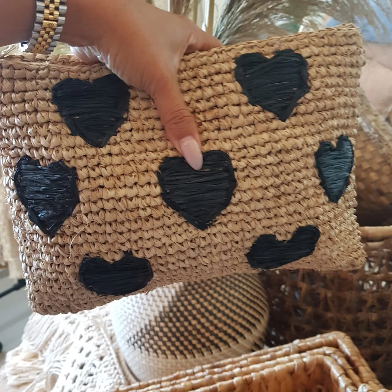 Natural Woven Straw Grass Clutch With Black Hearts