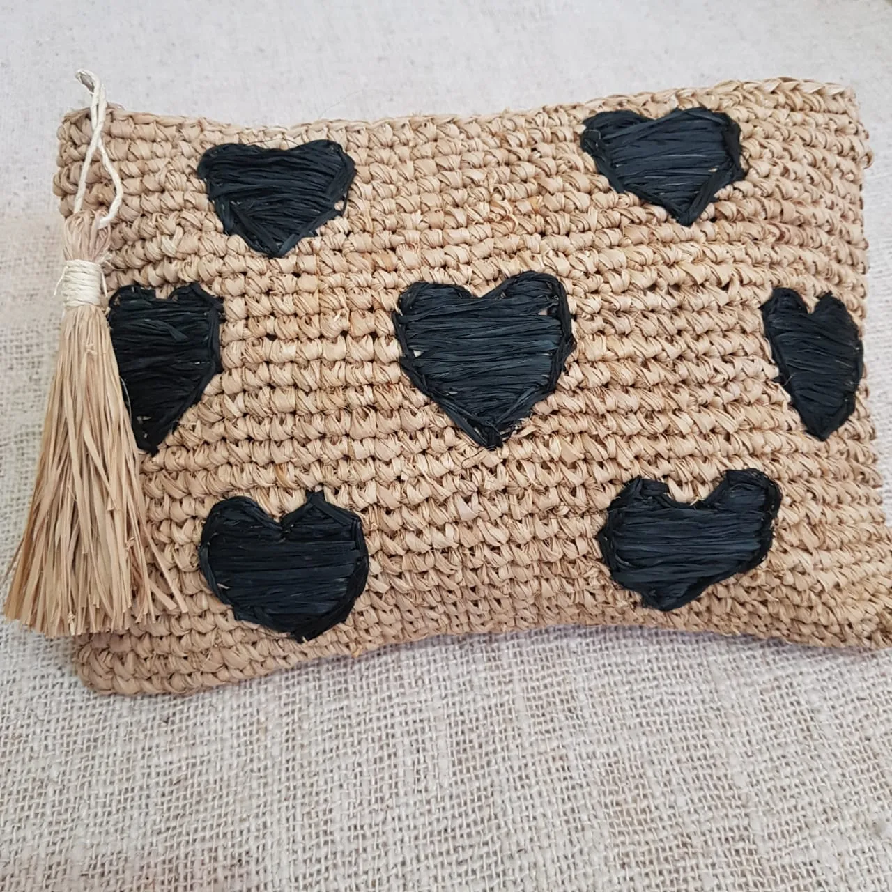 Natural Woven Straw Grass Clutch With Black Hearts