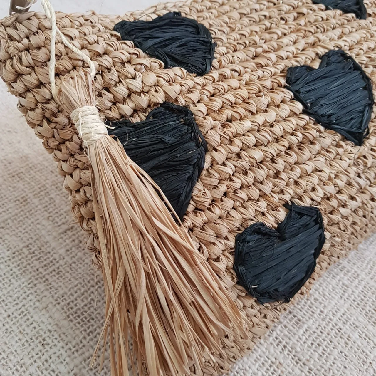 Natural Woven Straw Grass Clutch With Black Hearts