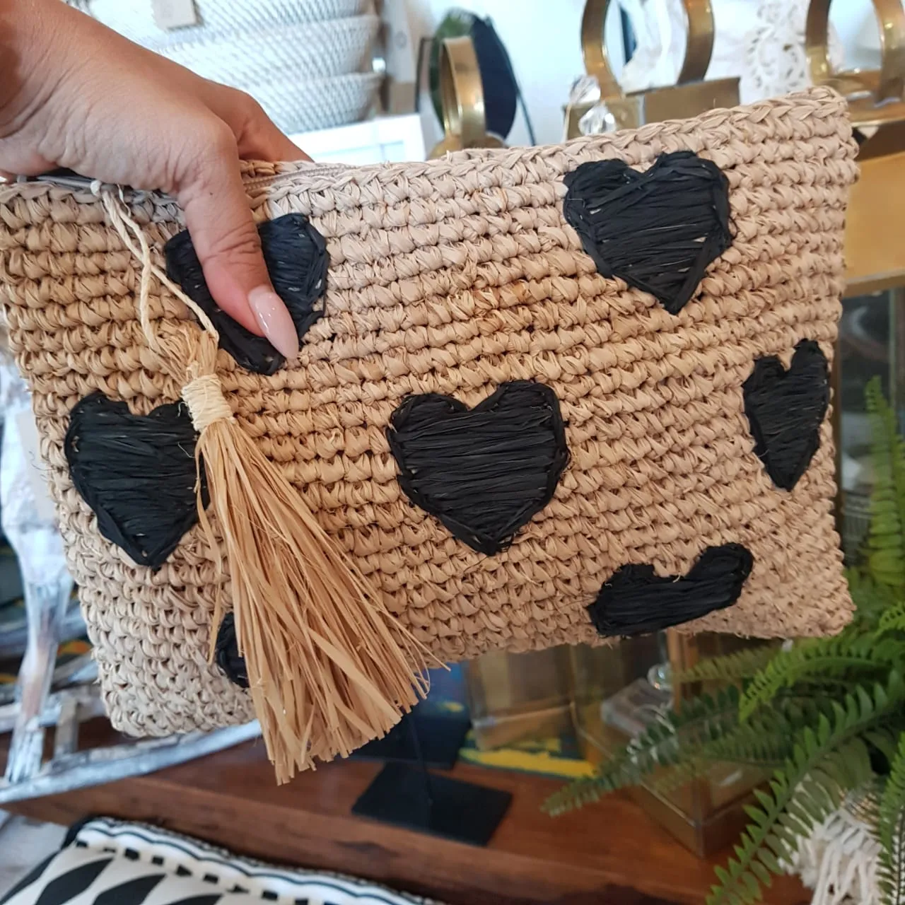 Natural Woven Straw Grass Clutch With Black Hearts