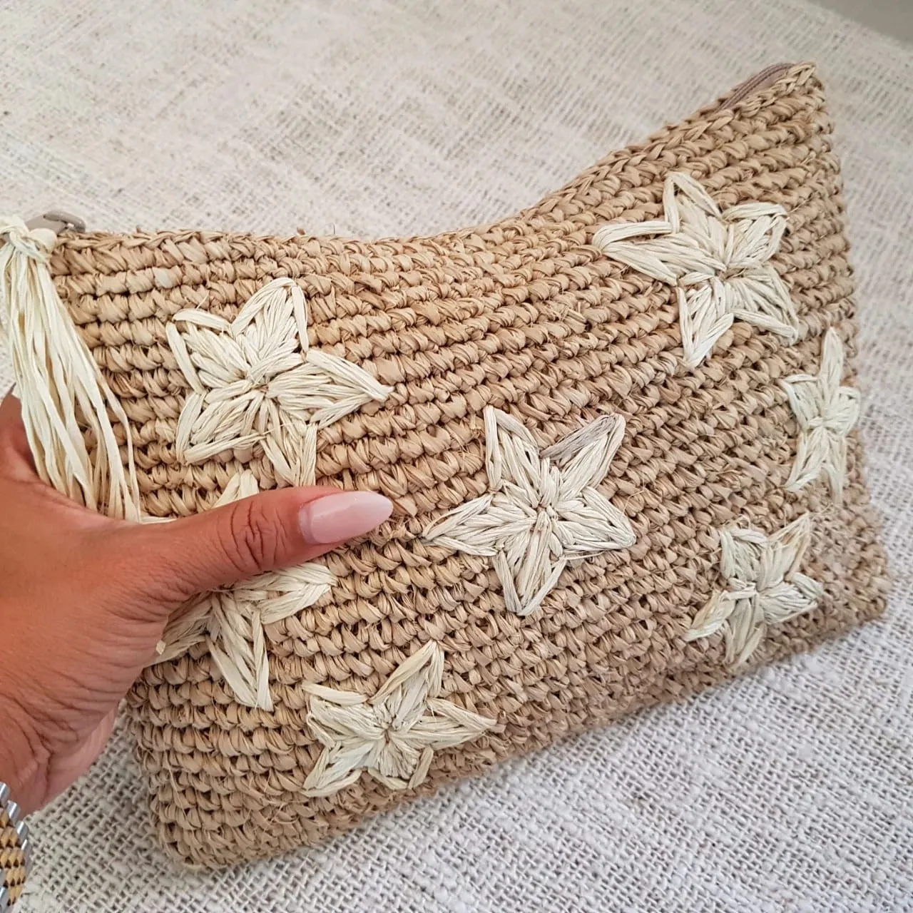 Natural Woven Straw Grass Clutch With Black Stars