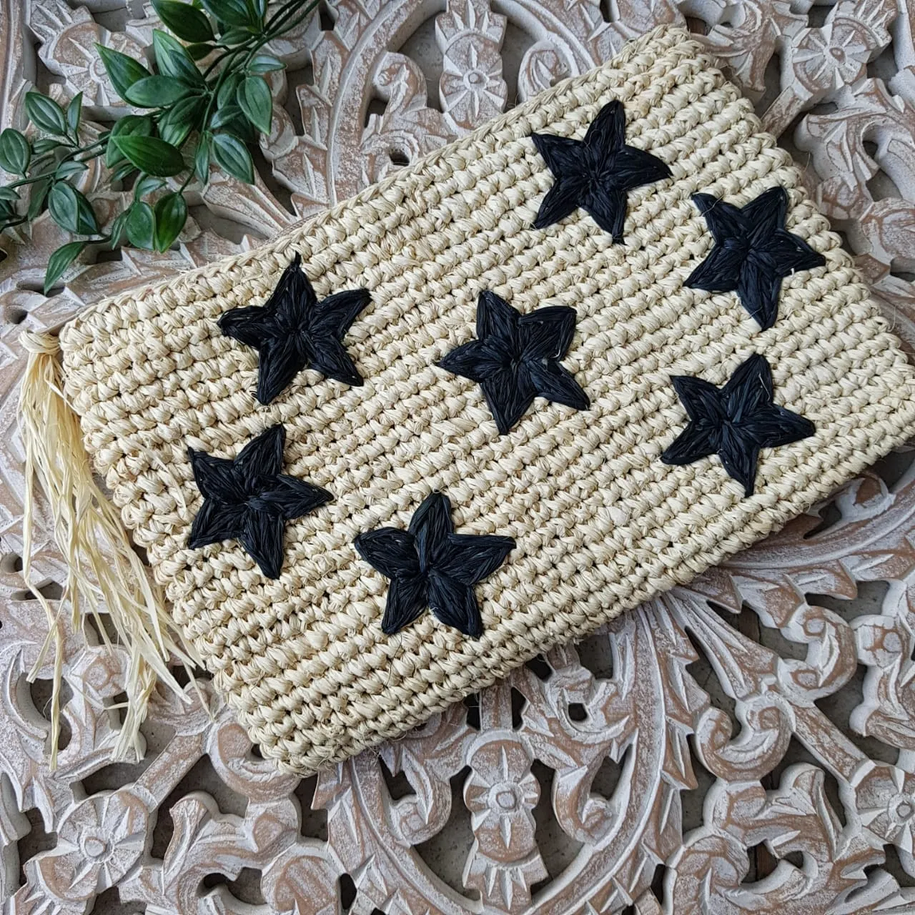 Natural Woven Straw Grass Clutch With Black Stars