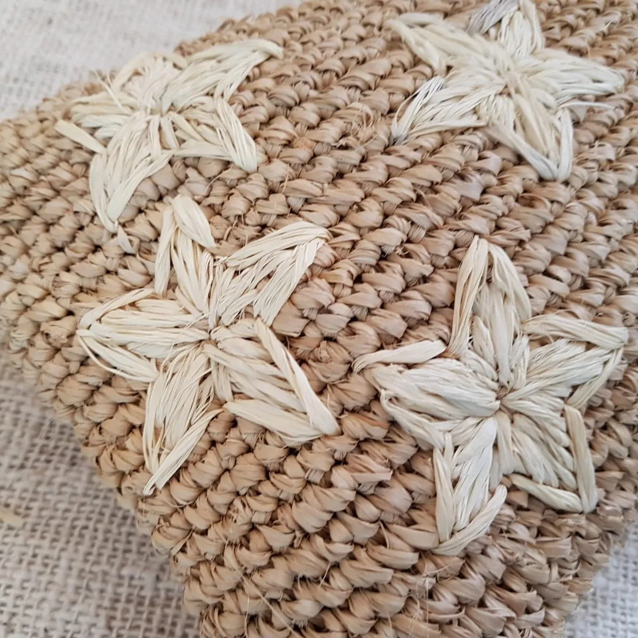 Natural Woven Straw Grass Clutch With Black Stars