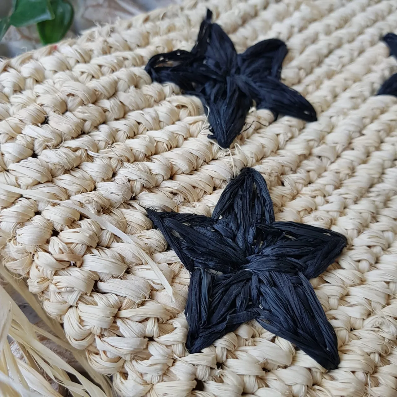 Natural Woven Straw Grass Clutch With Black Stars