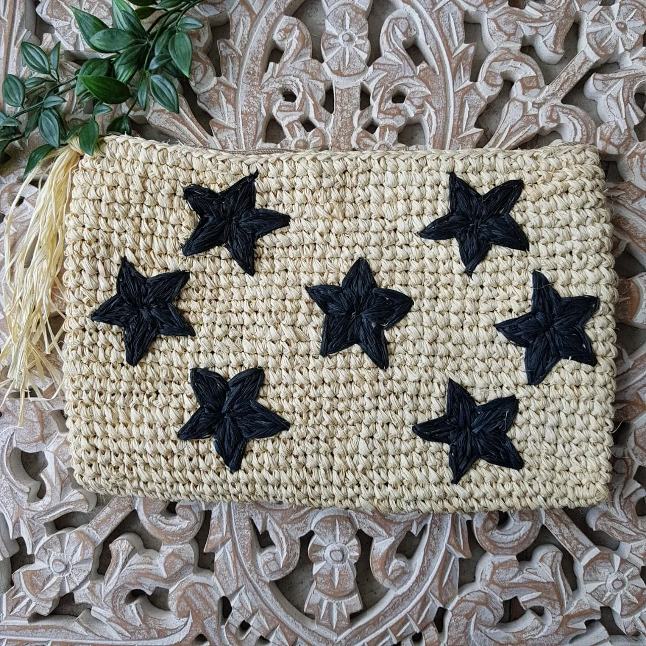 Natural Woven Straw Grass Clutch With Black Stars